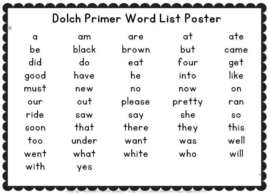 Beginner sight words list