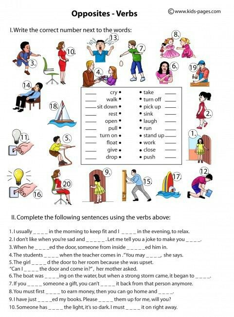 Match the verbs with the words. Английский verbs Worksheets. Глаголы действия в английском языке упражнения. Opposite verbs в английском. Упражнения на действия в английском языке.