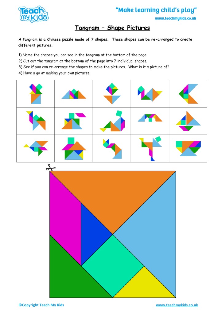 Tangram shapes (traditionally, all are used to make each tangram