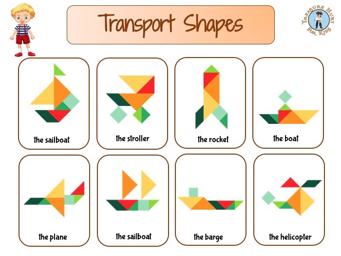 Tangram shapes (traditionally, all are used to make each tangram